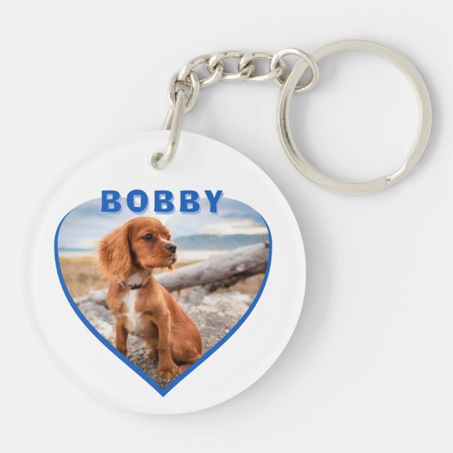 Dog Photo Name Blue Heart Dog Keychain (Back)