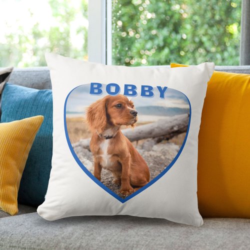 Dog Photo Name Blue Heart Dog  Throw Pillow