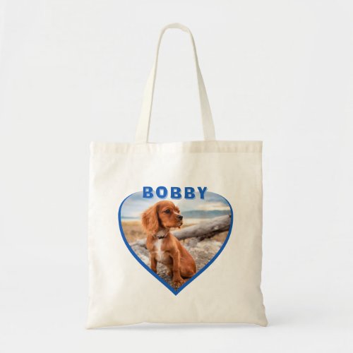 Dog Photo Name Blue Heart Dog Tote Bag