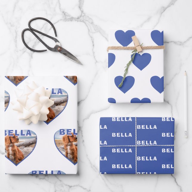 Dog Photo Name Blue Heart Pet Wrapping Paper Sheets (Front)