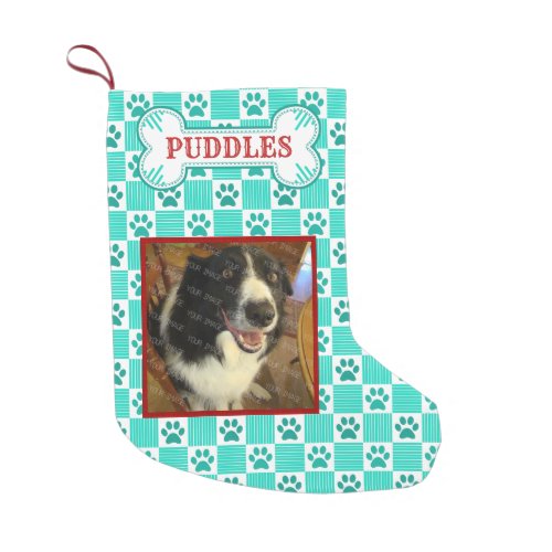 Dog Photo Name  Mint Green Paw Print Gingham Bone Small Christmas Stocking