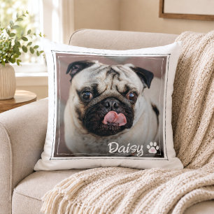 Dog Photo Name Paw Print Heart Throw Pillow