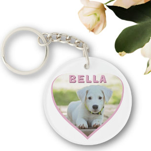 Dog Photo Name Pink Heart Keychain