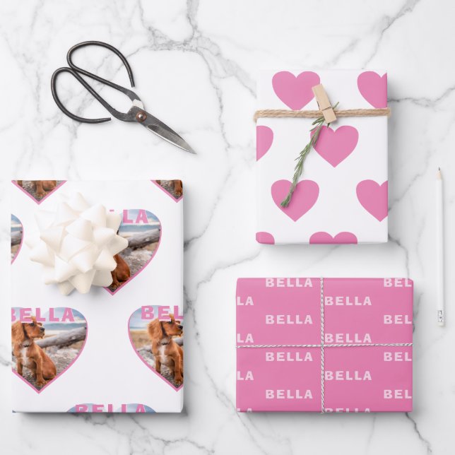 Dog Photo Name Pink Heart Pet Wrapping Paper Sheets (Front)