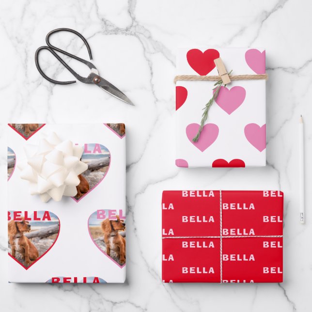 Dog Photo Name Pink Red Heart Pet Wrapping Paper Sheets (Front)