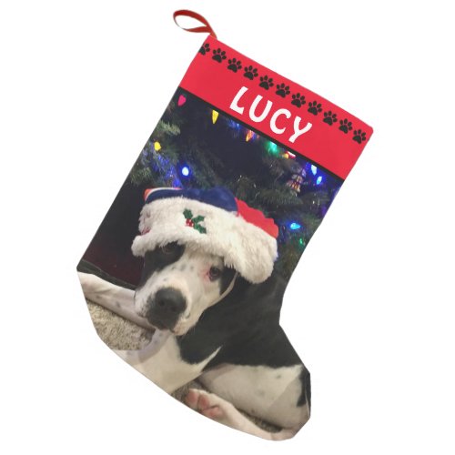 Dog Photo  Name  Red Black Paw Prints Small Christmas Stocking