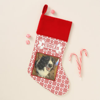 Dog Photo Name Red Paw Print Gingham Bone | Custom Christmas Stocking