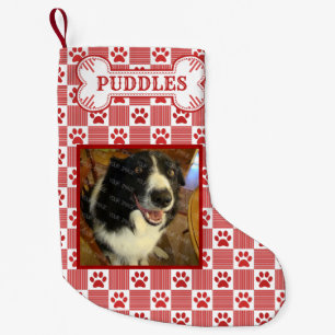 Dog Photo Name Red Paw Print Gingham Bone Custom Small Christmas Stocking