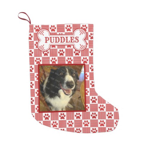 Dog Photo Name  Red Paw Print Gingham Bone Custom Small Christmas Stocking