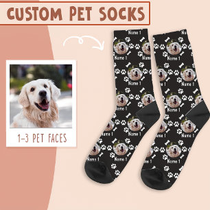 Dog Photo & Name, with Bones & Paw Prints on Black Socks