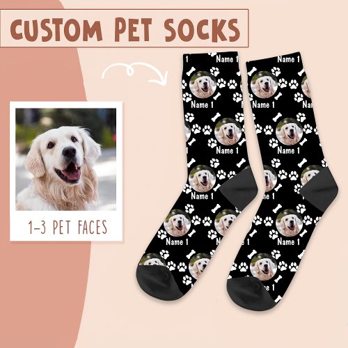 Dog Photo  Name with Bones  Paw Prints on Black Socks