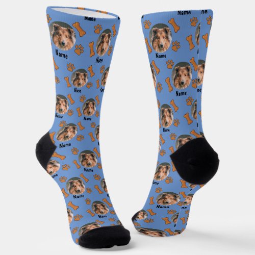 Dog Photo  Name with Bones  Paw Prints on Blue Socks