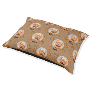 Dog Photo & Name, with Bones & Paw Prints on Brown Pet Bed