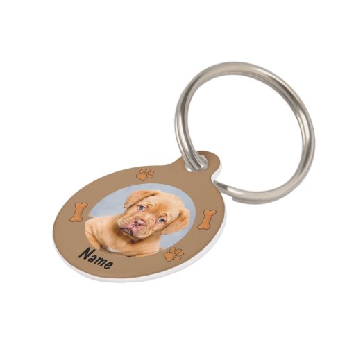 Dog Photo  Name with Bones  Paw Prints on Brown Pet ID Tag