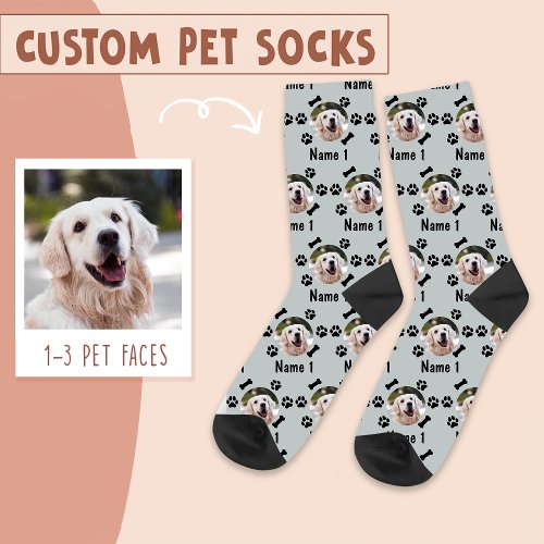 Dog Photo  Name with Bones  Paw Prints on Grey Socks