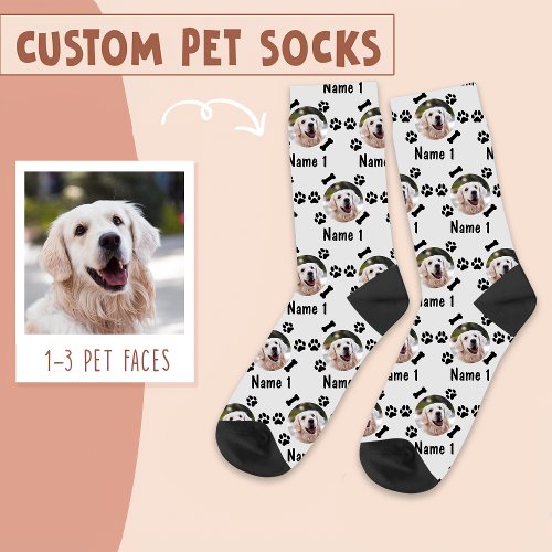 Dog Photo  Name with Bones  Paw Prints on White Socks