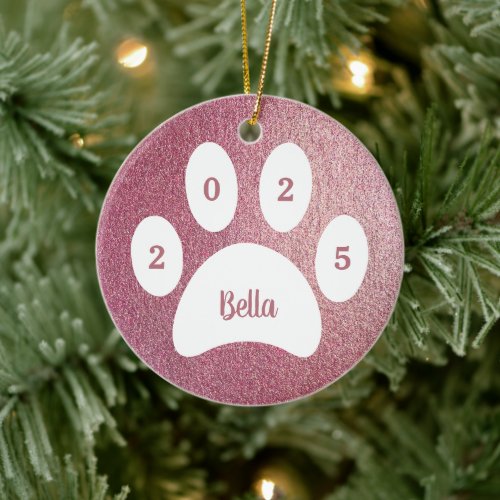 Dog Photo Name Year White Paw Print Rose Gold Ceramic Ornament