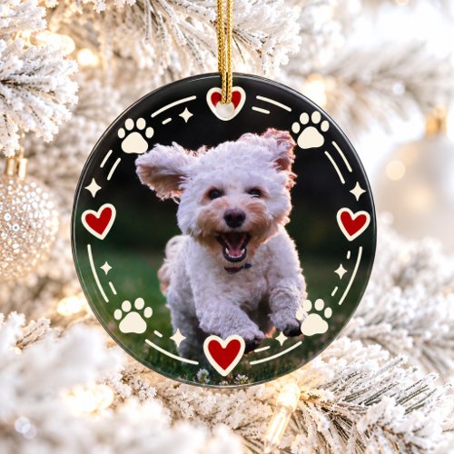 Dog Photo Paw Print Red Heart Christmas Ceramic Ornament