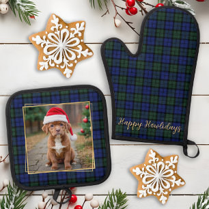 Dog Photo Personalized Modern Rustic Holiday Plaid Oven Mitt & Pot Holder Set