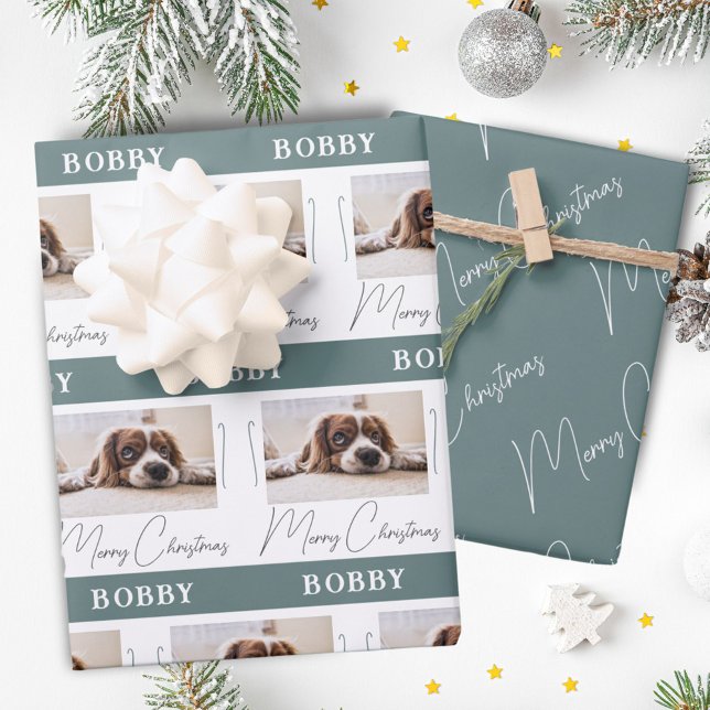 Dog Photo Pet Family Minimalist Merry Christmas  Wrapping Paper Sheets (Creator Uploaded)