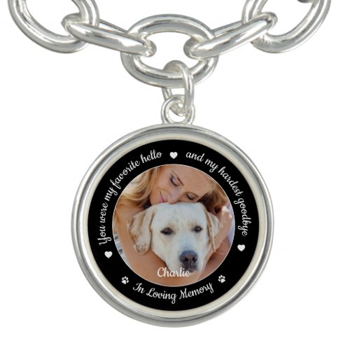 Dog Photo Pet Loss Gift Personalized Pet Memorial  Bracelet - Honor your best friend with a custom photo pet memorial bracelet. This unique pet memorial bracelet is the perfect gift for yourself, family or friends to pay tribute to your loved one. This dog memorial bracelet features a simple black and white design with decorative script.
Quote "You were my favorite hello and my hardest goodbye ~ In Loving Memory".
Customize with favorite dog, cat animal photo, name. This dog memorial locket is perfect as a Christmas keepsake. 
COPYRIGHT © 2020 Judy Burrows, Black Dog Art - All Rights Reserved. Dog Photo Pet Loss Gift Personalized Pet Memorial Bracelet