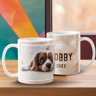 Dog Photo Pet Name Snowflake Watercolor Christmas Coffee Mug