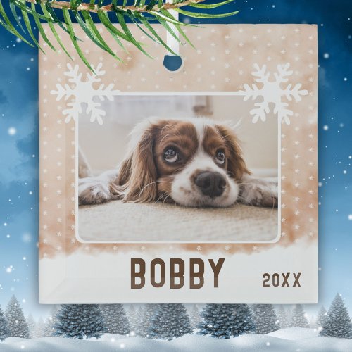 Dog Photo Pet Name Snowflake Watercolor Christmas Glass Ornament
