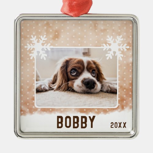Dog Photo Pet Name Snowflake Watercolor Christmas Metal Ornament
