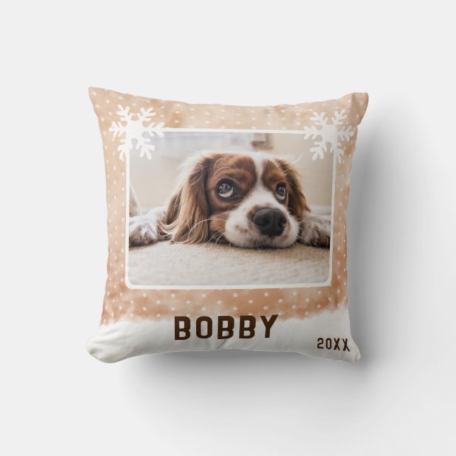 Dog Photo Pet Name Snowflake Watercolor Christmas Throw Pillow (Front)