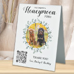 Dog Photo Pet Wedding QR Code Honeymoon Fund Table Tent Sign<br><div class="desc">Let your best dogs be in charge of your honeymoon with this custom pet photo honeymoon fund sign. Perfect for dog lovers, and a dog honeymoon fund will be a hit at your wedding. Simple modern white with eucalyptus leaves. "Our Parents Honeymoon Fund" Customize this pet wedding honeymoon fund sign...</div>