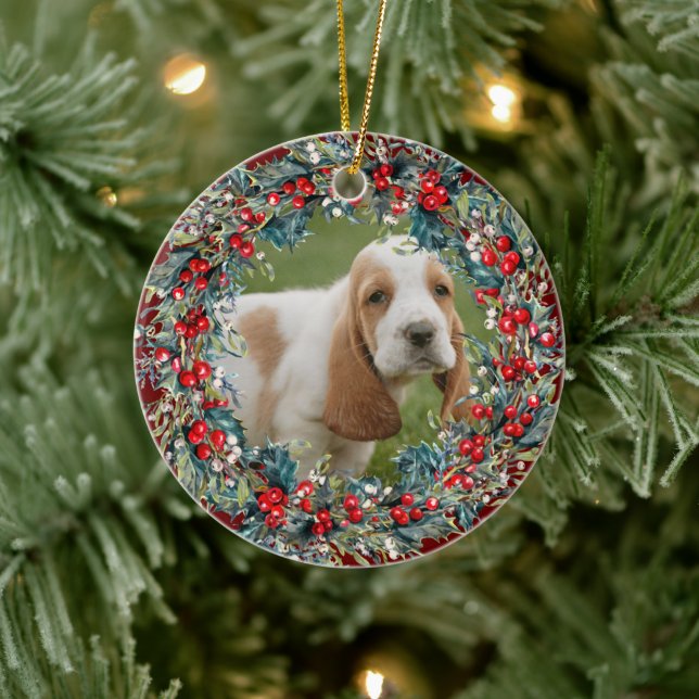 Dog Photo Pet's Christmas cute  Xmas wreath custom Ceramic Ornament (Tree)
