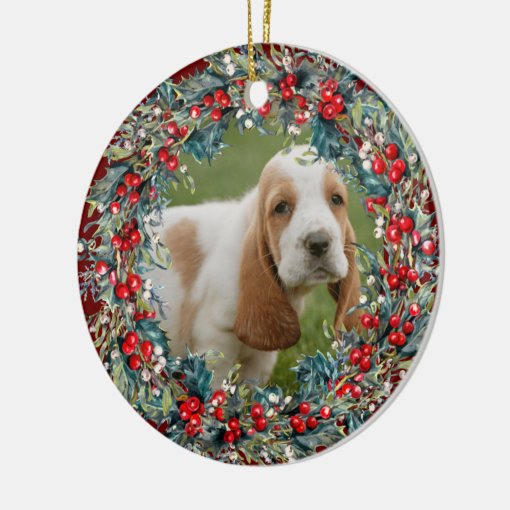 Dog Photo Pet's Christmas cute Xmas wreath custom Ceramic Ornament | Zazzle