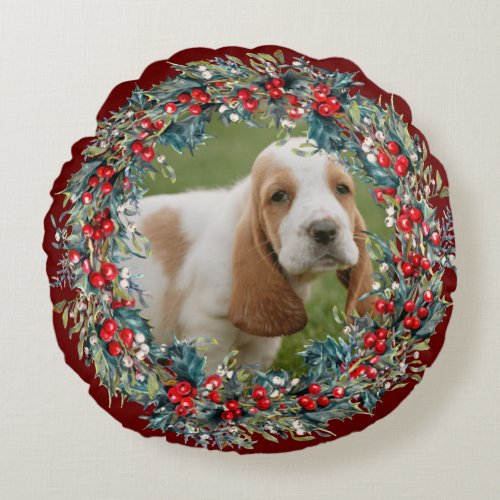 Dog Photo Pets Christmas cute  Xmas wreath custom Round Pillow