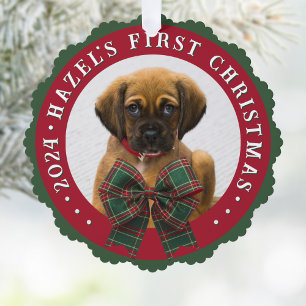 Dog Photo Plaid Bow Christmas Paper Ornament Card