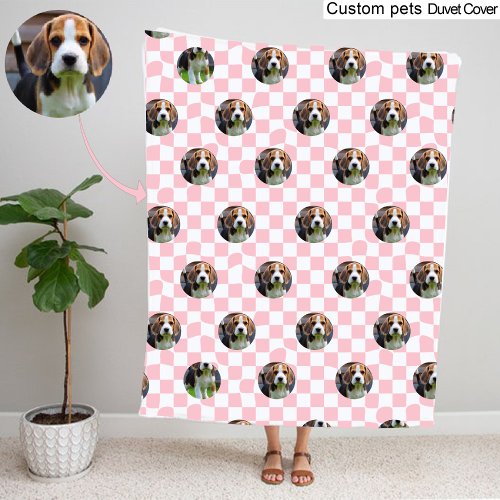 Dog Photo Portrait Light Pink Checkered Pattern Duvet Cover