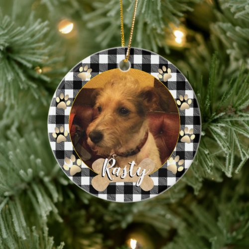  Dog photo Puppy bone paws white buffalo Plaid Ceramic Ornament