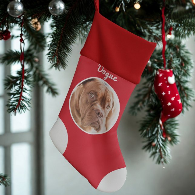Dog Photo Red White Pet Name Christmas Stocking (Add your pup's photo and name to this cute red and white christmas stocking)