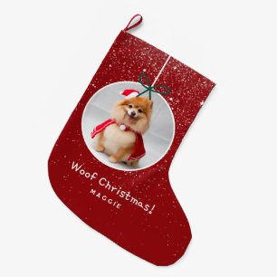 Dog Photo Snow Red Woof Christmas Holiday Large Christmas Stocking