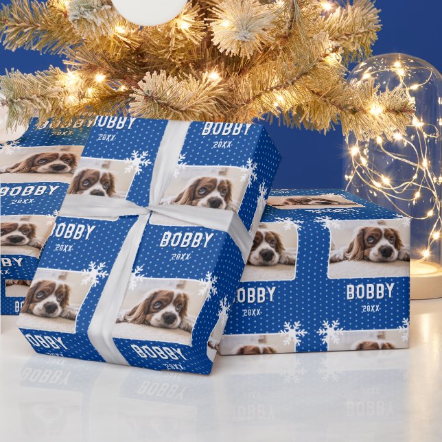 Dog Photo Snowflakes Blue Pet Name Christmas Wrapping Paper (Holidays)