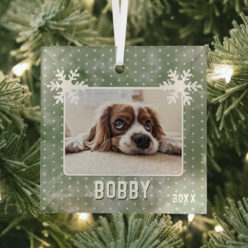 Dog Photo Snowflakes Green Pet Name Christmas Glass Ornament