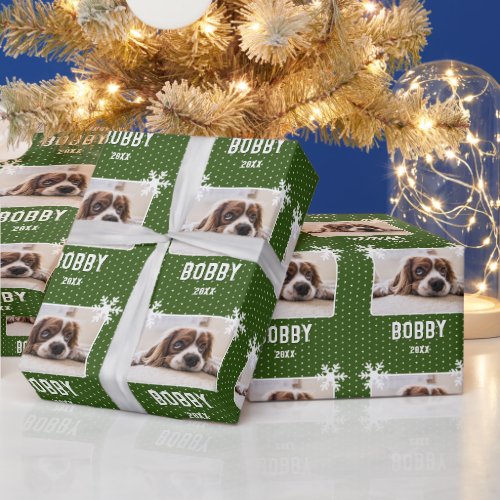 Dog Photo Snowflakes Green Pet Name Christmas Wrapping Paper