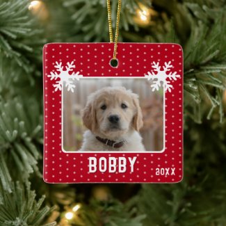 Dog Photo Snowflakes Red Pet Name Christmas 