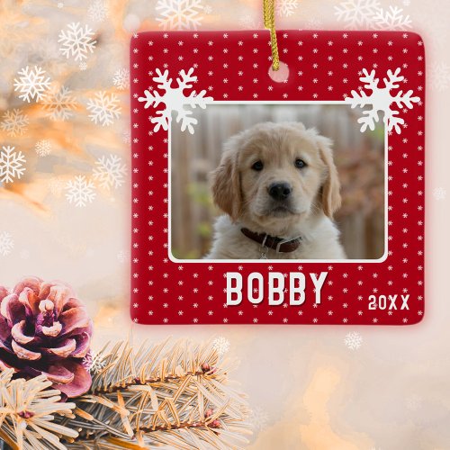 Dog Photo Snowflakes Red Pet Name Christmas  Ceramic Ornament