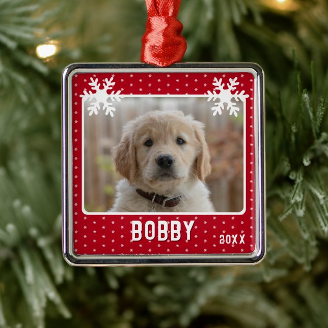 Dog Photo Snowflakes Red Pet Name Christmas  Metal Ornament (Tree)