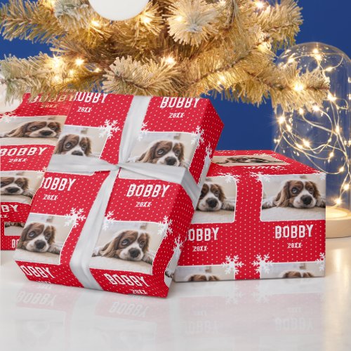 Dog Photo Snowflakes Red Pet Name Christmas Wrapping Paper