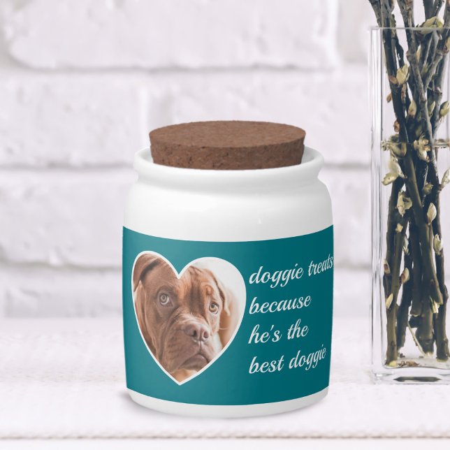 Dog Photo Teal Heart Frame Pet Treats Candy Jar (For he is the best dog. Just add his name and photo and fill with treats)