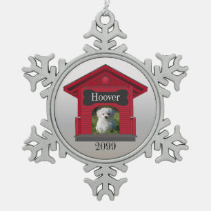 Dog Photo Upload Dog House w Bone Christmas Snowflake Pewter Christmas Ornament