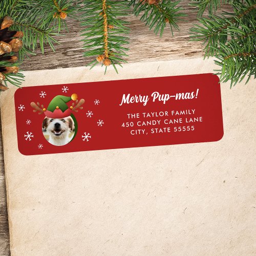Dog Photo w Elf Reindeer Antler Hat Christmas Label