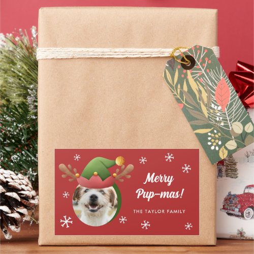Dog Photo w Elf Reindeer Antler Hat Christmas Rectangular Sticker