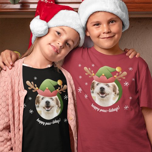 Dog Photo w Elf Reindeer Antler Hat Christmas T_Shirt